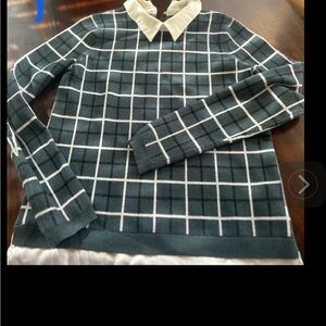 Beautiful Tahari sweater with mock silk shirt, plaid green size small